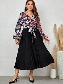 EMERY ROSE Hơn In hoa Tay áo lồng đèn Viền xếp Váy có thắt lưng - Nhiều màu - Xem 3