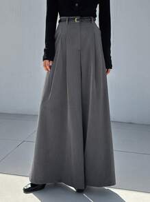 DAZY 拼接細節闊腿西裝褲 - 灰色 - 查看 6