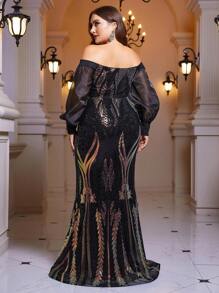 SHEIN Belle Plus Off Shoulder Lantern Sleeve Sequin Formal Dress - Black - View 4
