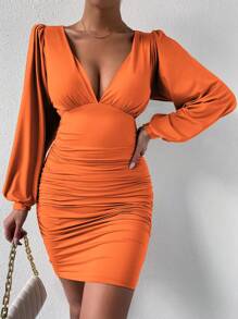 Chiquease Plunging Neck Lantern Sleeve Ruched Bodycon Dress - Orange - View 4