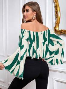 SHEIN Privé Graphic Print Off Shoulder Blouse - Green - View 2