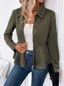 SHEIN Clasi Zip Up Peplum Hem Jacket - Army Green - View 3