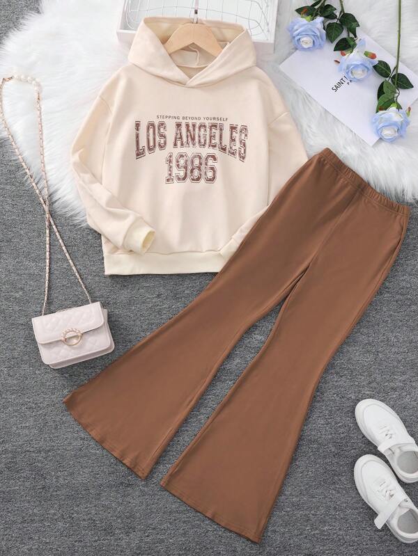 SHEIN Teen Girl Letter Graphic Hoodie & Flare Leg Pants