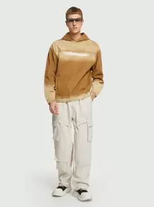 ROMWE MEN ROMWE Avant Men's Hooded Denim Jacket With Letter Print - Khaki - View 3