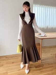FRIFUL Solid Mermaid Hem Overall Dress Without Tee - Coffee Brown - View 8