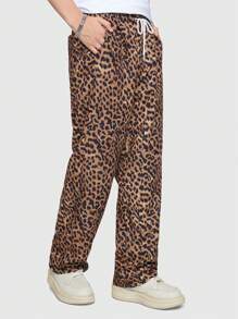 ROMWE MEN Street Life Men Leopard Print Drawstring Waist Pants - Brown - View 3