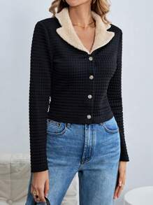 SHEIN Essnce Nút cổ áo tương phản Teddy phía trước - Nhiều màu - Xem 4