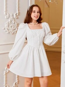 青少年女孩方領前紐扣燈籠袖洋裝 - 白色 - 查看 4