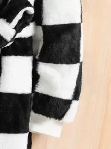 SHEIN Tween Girl Checkerboard Pattern Belted Flannel Coat Without Sweater - Black and White - View 4