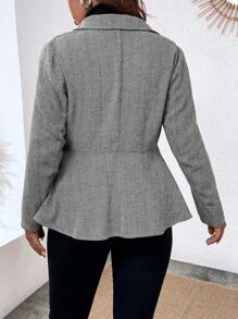 Calvaya Plus Herringbone Peplum Hem Overcoat - Black and White - View 2