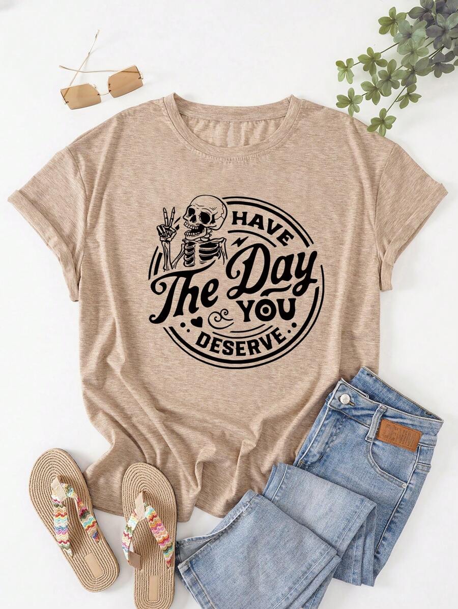 INAWLY 加大码骷髅和标语图案 T 恤，拥有您应得的一天，夏季女士图案 T 恤