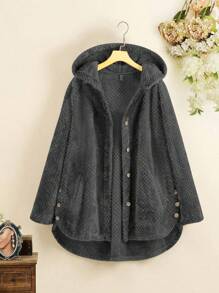 SHEIN LUNE Plus Flannel Single Breasted High Low Hem Hooded Coat Winter Fall Autumn - Dark Grey - View 1