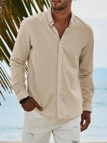 男士素色前排扣襯衫 - 米色 - 查看 1