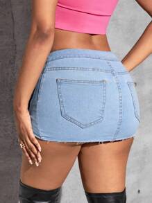 SHEIN SXY Flap Detail Button Front Asymmetrical Hem Denim Skirt - Light Wash - View 3