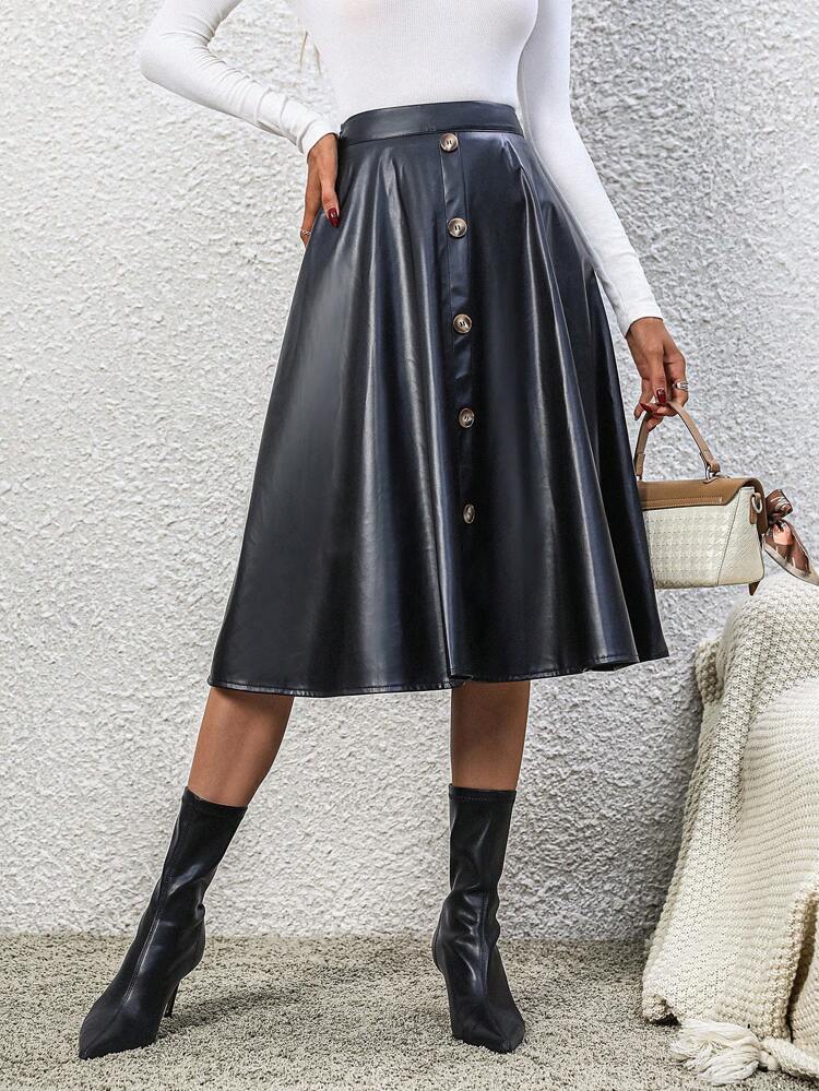 High Waist Single Breasted PU Leather Flare Skirt