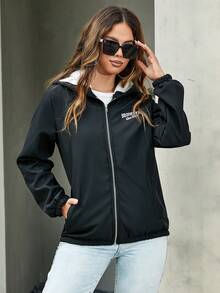 字母圖案拉鏈開襟加絨內裏連帽夾克 - 黑色 - 查看 5