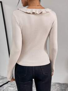 SHEIN Privé Ruffle Trim Ribbed Knit Tee - Khaki - View 2