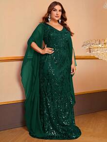 YISIKADO Plus Split Sleeve Sequin Formal Dress - Dark Green - View 3