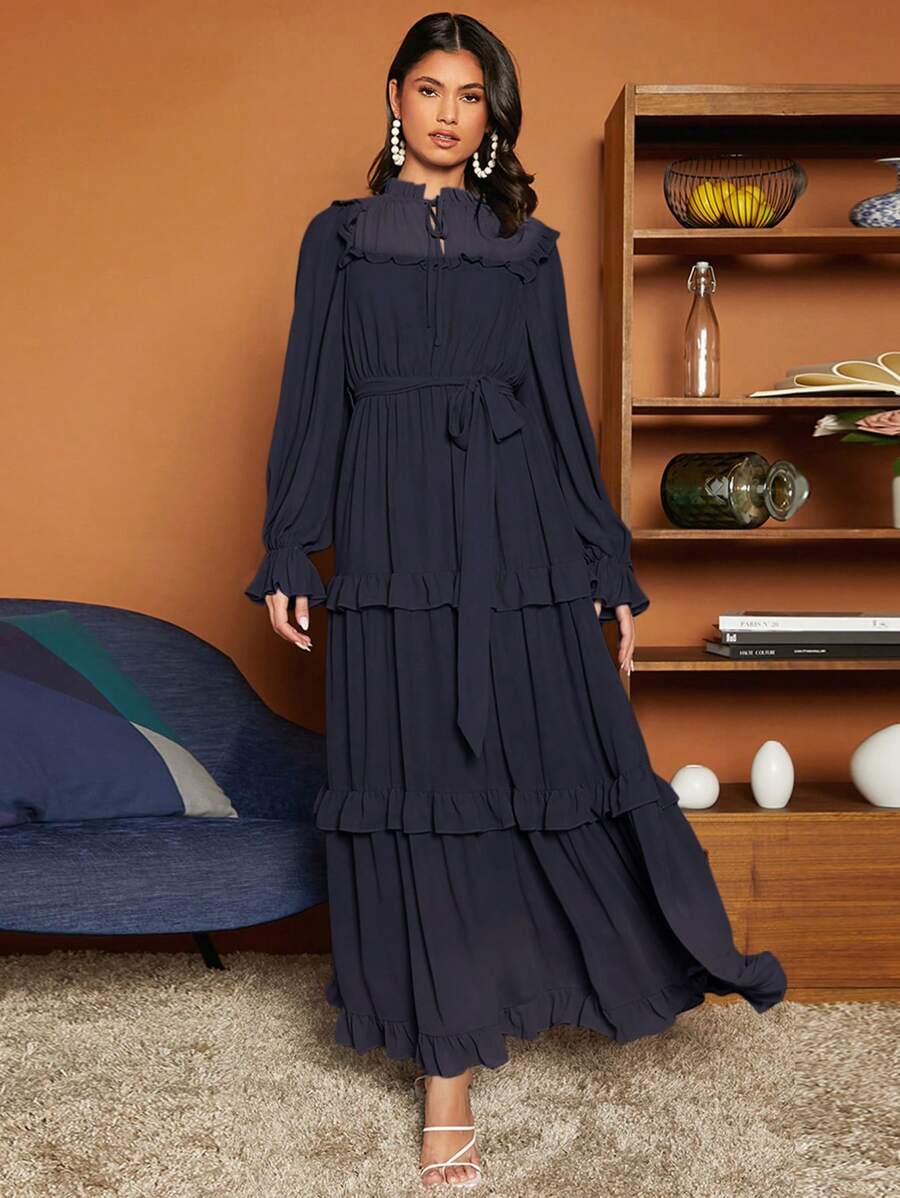 SHEIN VCAY Ruffle Trim Belted Ruffle Hem Dress - Navy Blue - View 1