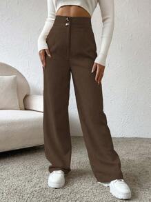SHEIN Unity High Waist Wide Leg Pants - Rust Brown - View 4