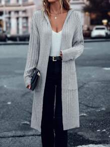 SHEIN LUNE 雙口袋落肩袖連帽開襟開衫 - 淺灰色 - 查看 1