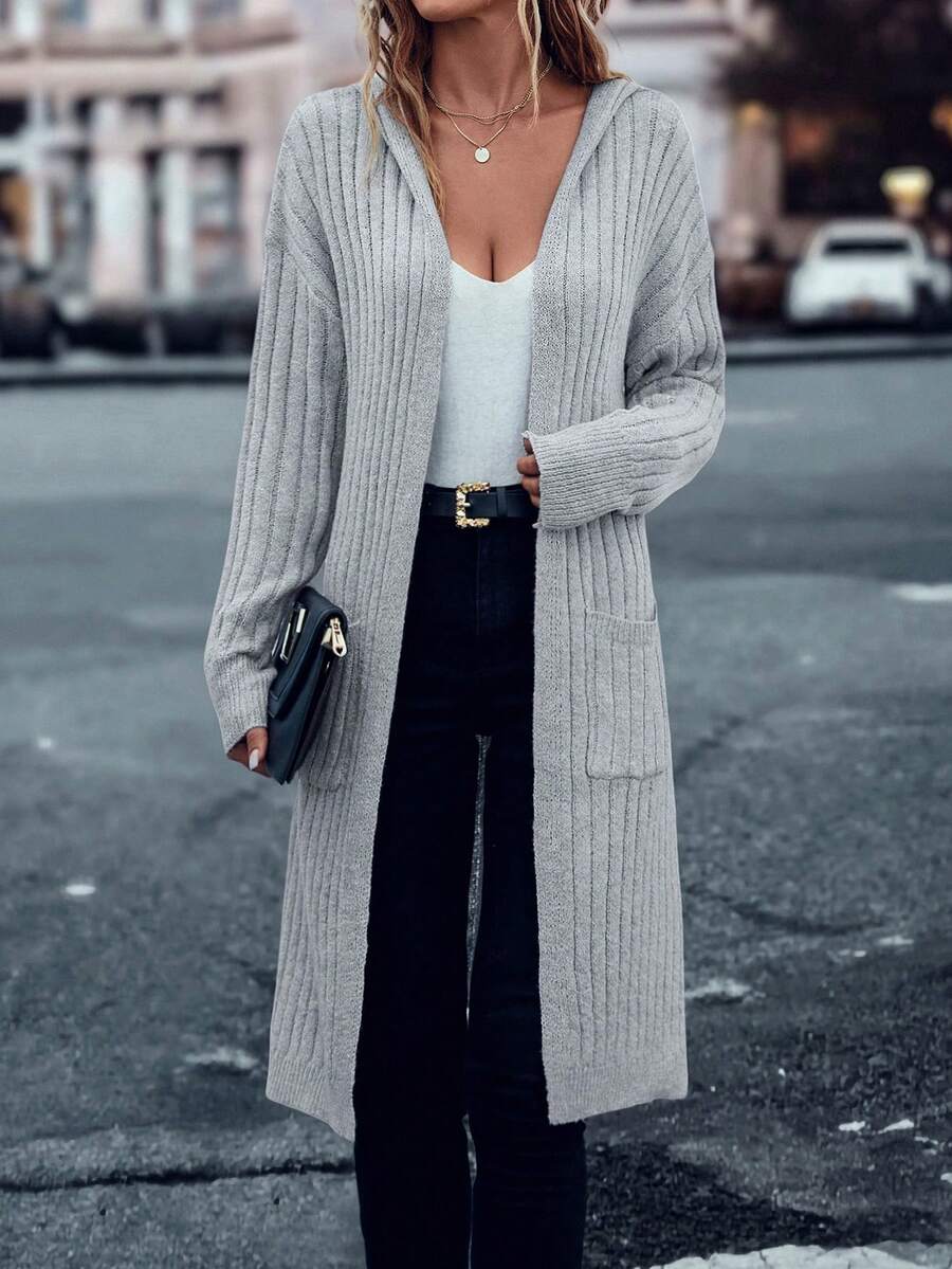 SHEIN LUNE 雙口袋落肩袖連帽開襟開衫 - 淺灰色 - 查看 1