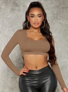 SHEIN SXY Chất rắn Áo phông Crop - Màu nâu  Mocha - Xem 2