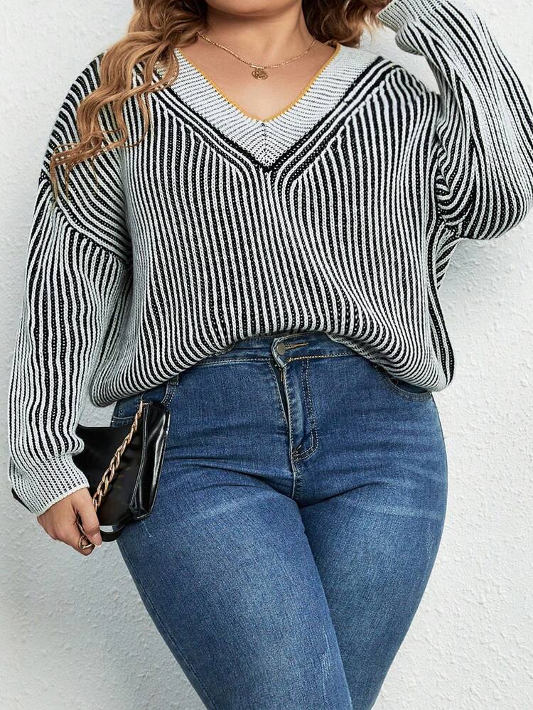 Plus Striped Pattern Drop Shoulder Sweater Knit Pullover Fall Winter Sweater
