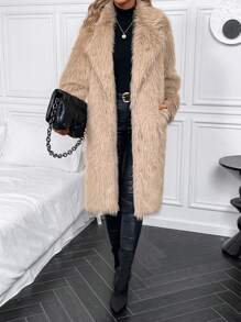 SHEIN Clasi Lapel Neck Open Front Fuzzy Coat - Khaki - View 3