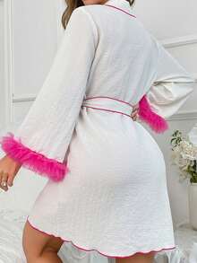 Bata con cinturón de malla en contraste de puño con fruncido ribete unido - Albaricoque - Ver 2