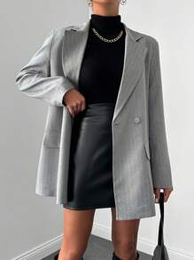 EURMUSE Striped Print Double Button Blazer - Grey - View 3