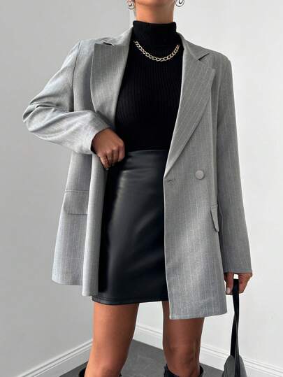 EURMUSE Plus Size Women Elegant Striped Print Double Button Blazer Suit Jacket For Women