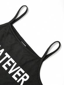 Niñas de malla Camiseta & con estampado de letra Top de tirantes - Negro - Ver 4