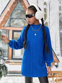 Tween Girl Drop Shoulder Ribbed Knit Tee Dress - Royal Blue - View 3