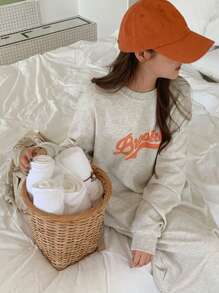 DAZY 字母图案落肩开衩下摆T恤连衣裙，秋装长袖连衣裙 - 灰色 - 查看 6