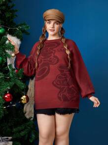 SHEIN X The Smurfs Plus Cartoon Pattern Drop Shoulder Sweater - Red - View 4