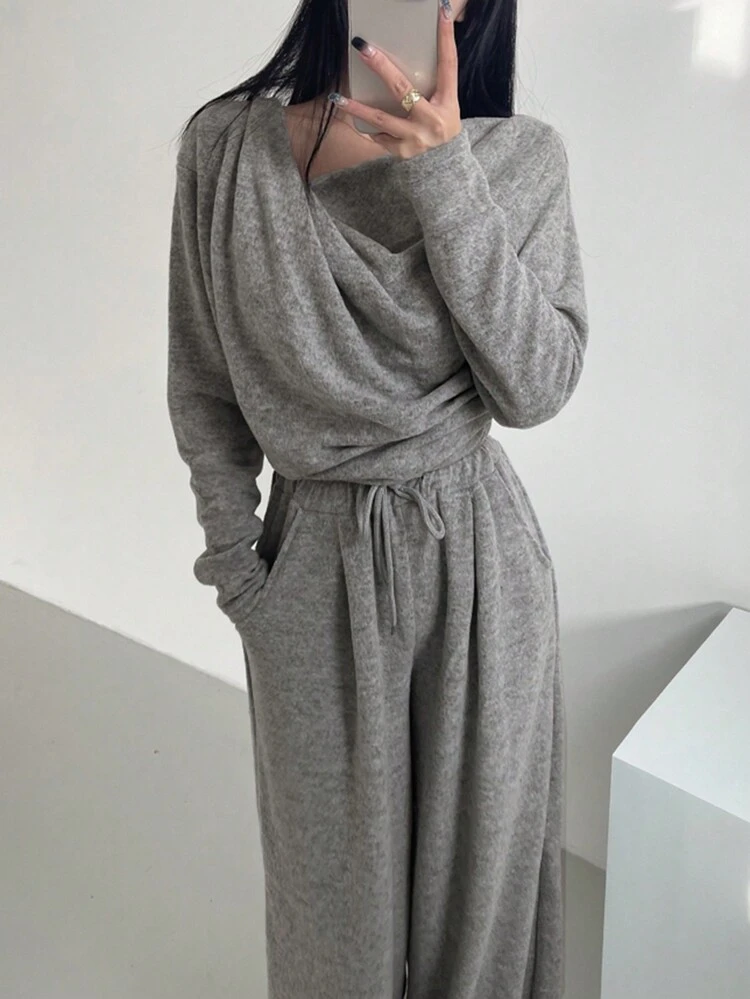 Solid Cowl Neck Tee & Drawstring Waist Wide Leg Pants, Women Two Pieces Sets Lounge Sets For Women