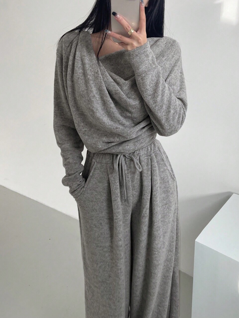 Solid Cowl Neck Tee & Drawstring Waist Wide Leg Pants, Women Two Pieces Sets Lounge Sets For Women