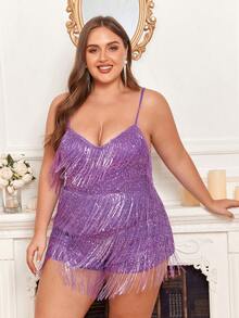 Double Crazy Plus Fringe Trim Sequin Cami Romper - Purple - View 7