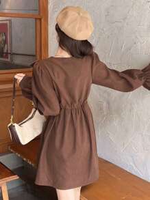 DAZY 素色荷葉邊荷葉袖荷葉邊圍裹細節洋裝 - 咖啡 - 查看 8