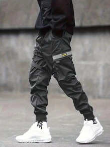 Men's Multi-Pocket Reflective Striped Decoration Cargo Pants, For Fall - Grey - View 3