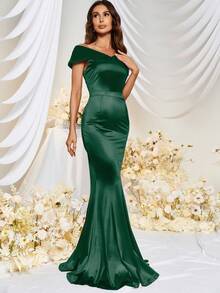MUXXN Off Shoulder Mermaid Hem Satin Formal Dress, Elegant Prom Evening Wedding Guest Gown, For Graduation, Dinner - Dark Green - View 5