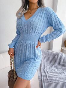 Cable Knit Drop Shoulder Sweater Dress - Blue - View 3