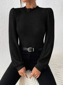 SHEIN Frenchy Camiseta ribete en forma de lechuga de cuello alto de manga farol tejido de canalé - Negro - Ver 1