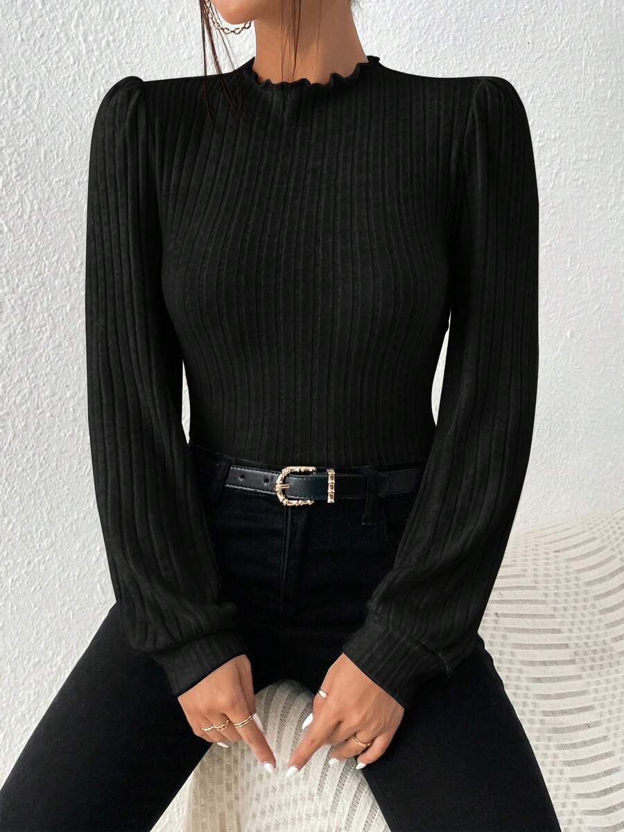 SHEIN Frenchy Camiseta ribete en forma de lechuga de cuello alto de manga farol tejido de canalé - Negro - Ver 1