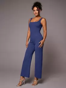 SHEIN BAE Solid Square Neck Jumpsuit - Royal Blue - View 5