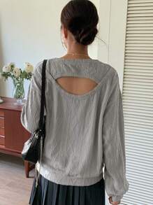 DAZY Cắt ra phía trước Thả vai Áo nỉ - Xám - Xem 4