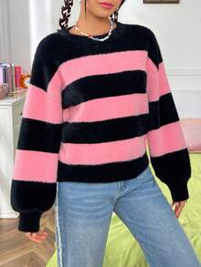 SHEIN EZwear Two Tone Drop Shoulder Fuzzy Sweater - Pink - View 3