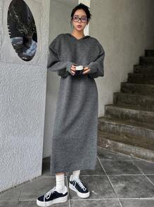 DAZY Solid Drop Shoulder Hooded Sweater Dress - Dark Grey - View 5