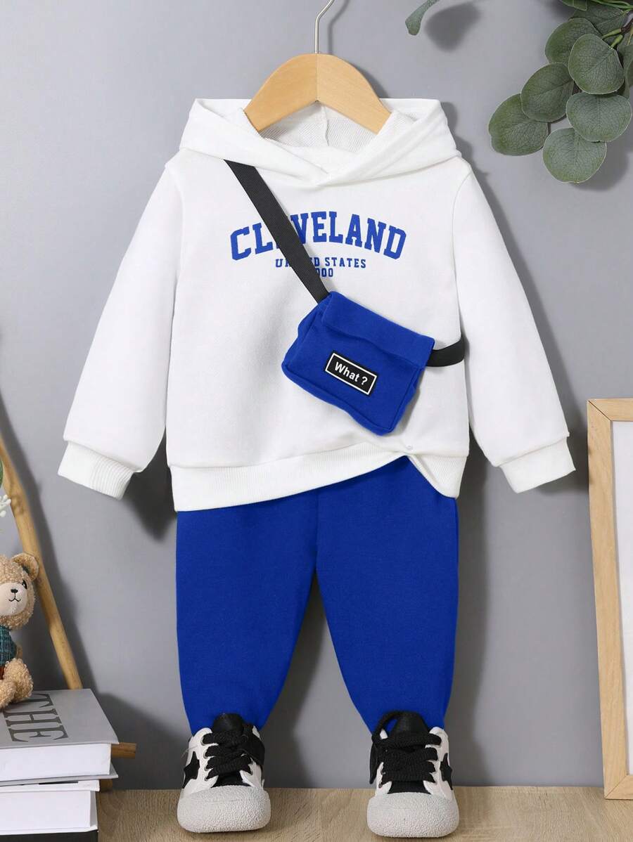 SHEIN 男嬰字母圖案連帽衫和運動褲&包 - 彩色 - 查看 1
